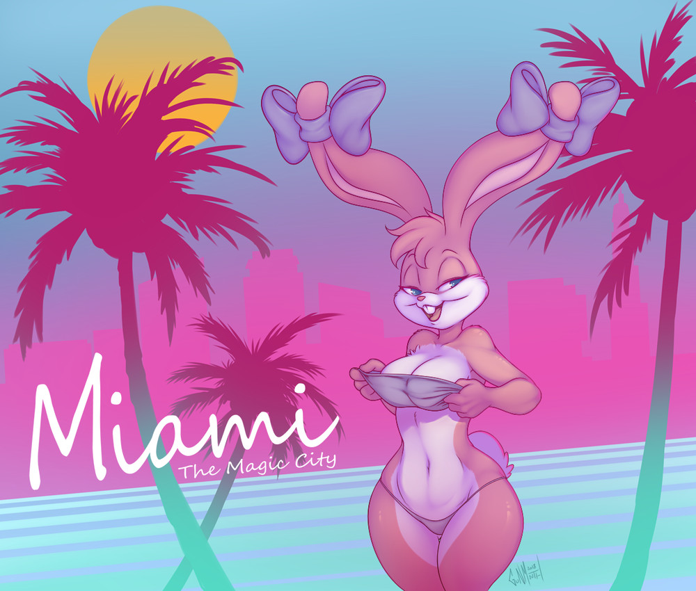 1980s_theme bikini blue_eyes buckteeth clothing female florida fur looking_at_viewer miami open_mouth palm_tree pink_body pink_fur pink_nose plant retro solo sun swimwear synthwave teeth tree two-piece_swimsuit undressing gunmouth tiny_toon_adventures warner_brothers babs_bunny lagomorph leporid mammal rabbit 2018