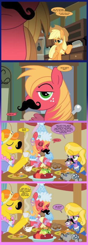 clothed clothing crossdressing cutie_mark dialogue egg facial_hair female feral hat headgear headwear male mustache text wig edowaado friendship_is_magic hasbro my_little_pony mythology applejack_(mlp) big_macintosh_(mlp) mr._cake_(mlp) spike_(mlp) dragon earth_pony equid equine horse mammal mythological_creature mythological_scalie pony scalie absurd_res comic english_text hi_res