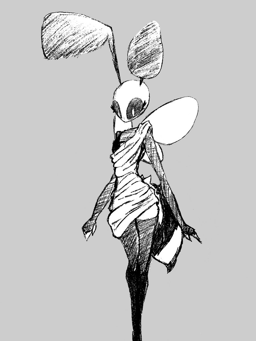 antennae_(anatomy) anthro black_sclera clothing dress eyelashes female floating_head grey_background insect_wings long_legs markings no_neck pupils simple_background slim solo stinger tail tail_fur toga white_pupils wings bonnie3300 arthropod hymenopteran insect wasp 2023 3:4 hi_res monochrome traditional_media_(artwork)