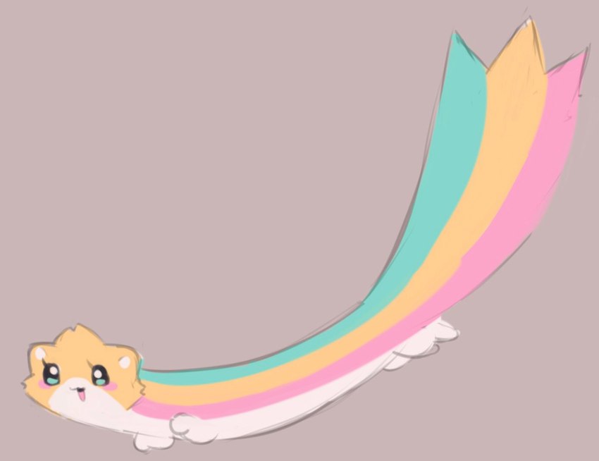 ambiguous_gender brown_background chibi critter feral fur multicolored_body multicolored_fur open_mouth open_smile rainbow simple_background smile solo sparklefur white_body white_fur yellow_body yellow_fur conditional_dnp labbit_(artist) mammal unknown_species pastel_theme