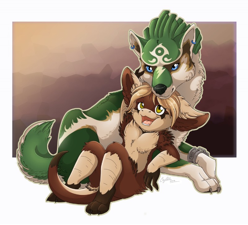 anthro big_ears blonde_hair blue_eyes border chibi cuddling duo ear_piercing eye_contact female feral flat_chested fur green_body green_eyes green_fur hair leaning looking_at_another male piercing sitting tail white_border cayleth nintendo the_legend_of_zelda twilight_princess acaris_(character) link_(wolf_form) canid canine canis featherscale_(species) mammal wolf digital_media_(artwork)