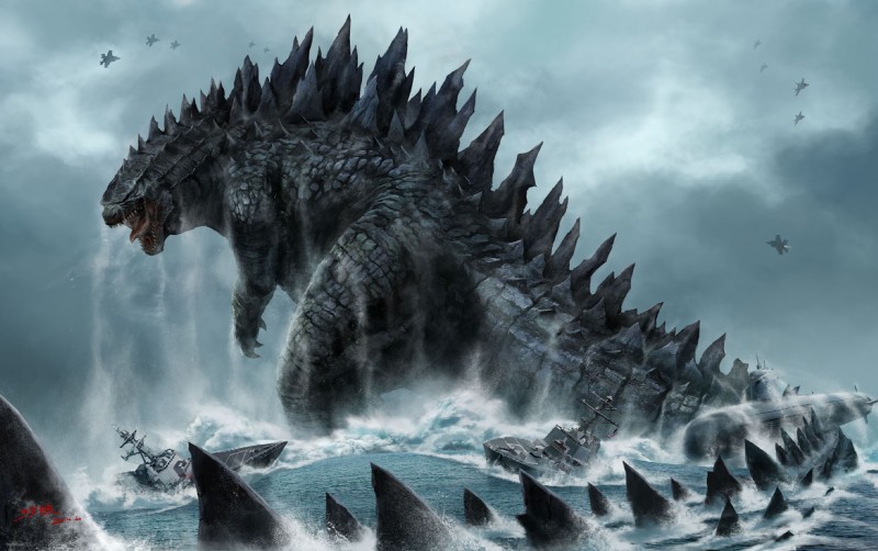 aircraft airplane ambiguous_gender cloud detailed_background jet military navy open_mouth outside sea seascape sharp_teeth ship sky solo submarine tail teeth vehicle water watercraft green_tear godzilla_(series) toho godzilla kaiju reptile scalie 2014 hi_res