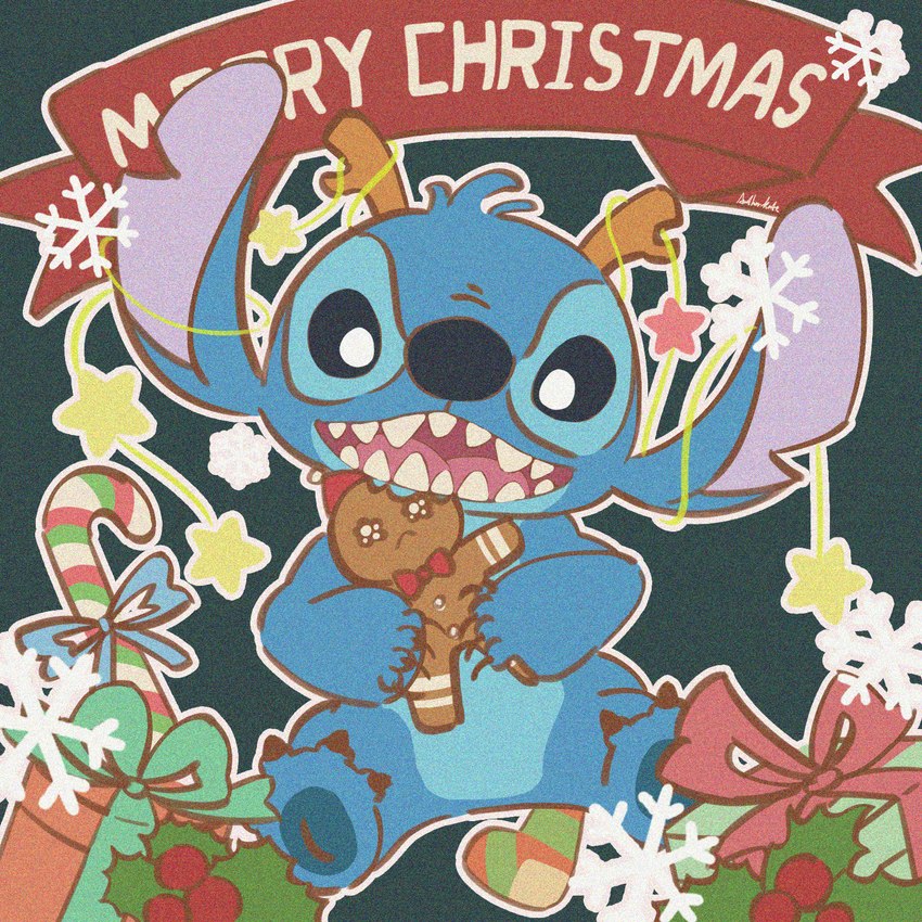 4_fingers 4_toes ambiguous_gender anthro biped blue_body blue_fur blue_nose blue_pawpads bow_(feature) candy candy_cane christmas_gift claws dessert duo fake_antlers fake_horns feet finger_claws fingers food fur gift gingerbread_man grainy green_background head_tuft hidden_mickey holding_food holding_object merry_christmas notched_ear open_mouth open_smile pawpads pupils sad simple_background sitting smile snowflake toe_claws toes tuft white_pupils anotherkate disney lilo_and_stitch stitch_(lilo_and_stitch) alien experiment_(lilo_and_stitch) food_creature 1:1 2023 digital_drawing_(artwork) digital_media_(artwork) hi_res male_(lore)