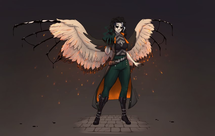 black_eyes black_hair claws cleric clothing embers female hair ichor jacket magic topwear wings astralynx dungeons_and_dragons hasbro wizards_of_the_coast aasimar absurd_res hi_res