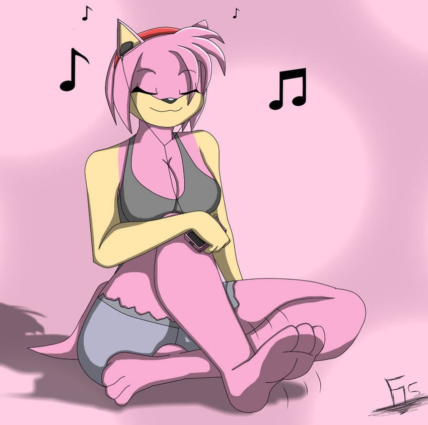 3_toes 4_fingers accessory anthro barefoot black_nose bottomwear clothing crop_top earbuds electronics eyes_closed feet female fingers fur grey_bottomwear grey_clothing grey_crop_top grey_shirt grey_shorts grey_topwear hair_accessory hairband headphones listening_to_music mouth_closed musical_note musical_symbol pink_body pink_feet pink_fur shirt shorts smile soles solo symbol tan_body tan_fur tapping_foot toes topwear misterfis sega sonic_the_hedgehog_(series) walkman amy_rose eulipotyphlan hedgehog mammal 2019 full-length_portrait portrait signature