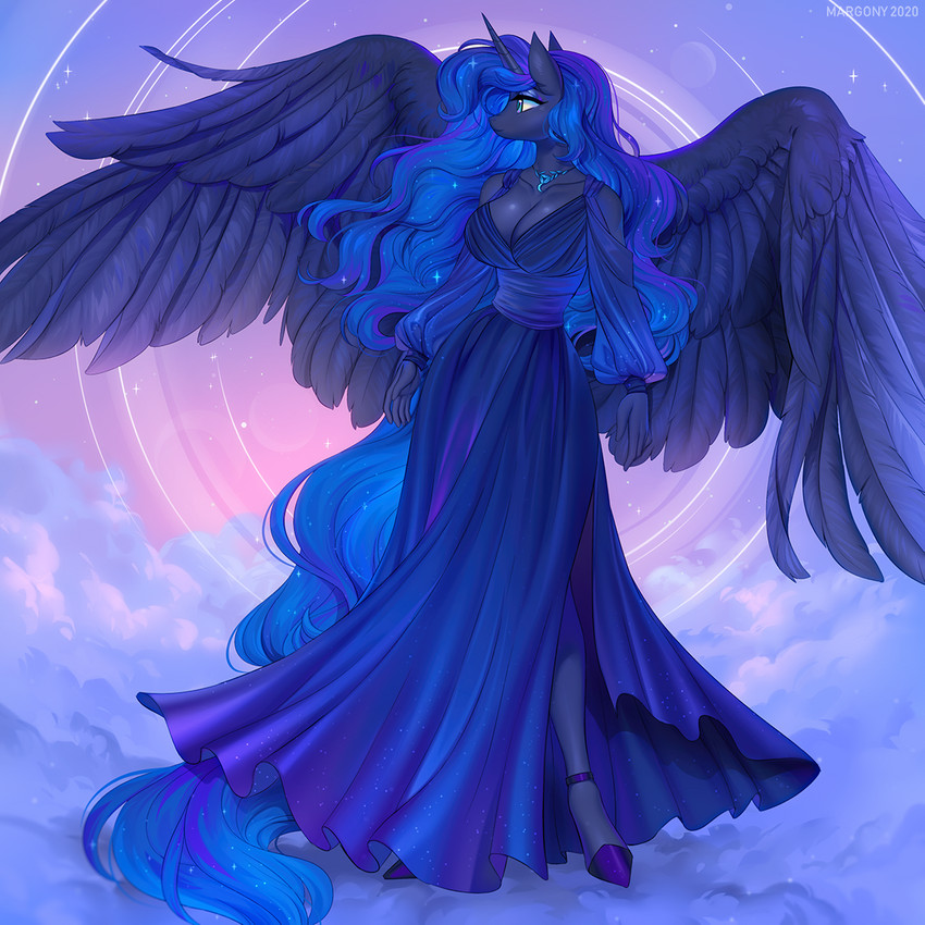 5_fingers anthro blue_eyes breasts cleavage clothed clothing cosmic_hair dress ethereal_hair feathered_wings feathers female fingers hair horn long_hair pseudo_hair solo wings margony friendship_is_magic hasbro my_little_pony mythology princess_luna_(mlp) equid equine mammal mythological_creature mythological_equine winged_unicorn 1:1 2020 digital_media_(artwork) hi_res signature