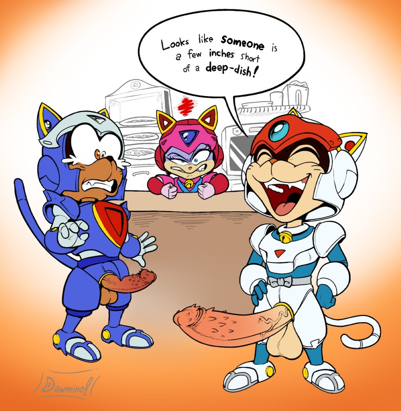 anthro armor clothed clothing erection female food genitals group hyper male penile_spines penis pizza text dawmino samurai_pizza_cats guido_anchovy polly_esther speedy_cerviche felid mammal digital_media_(artwork) english_text hi_res