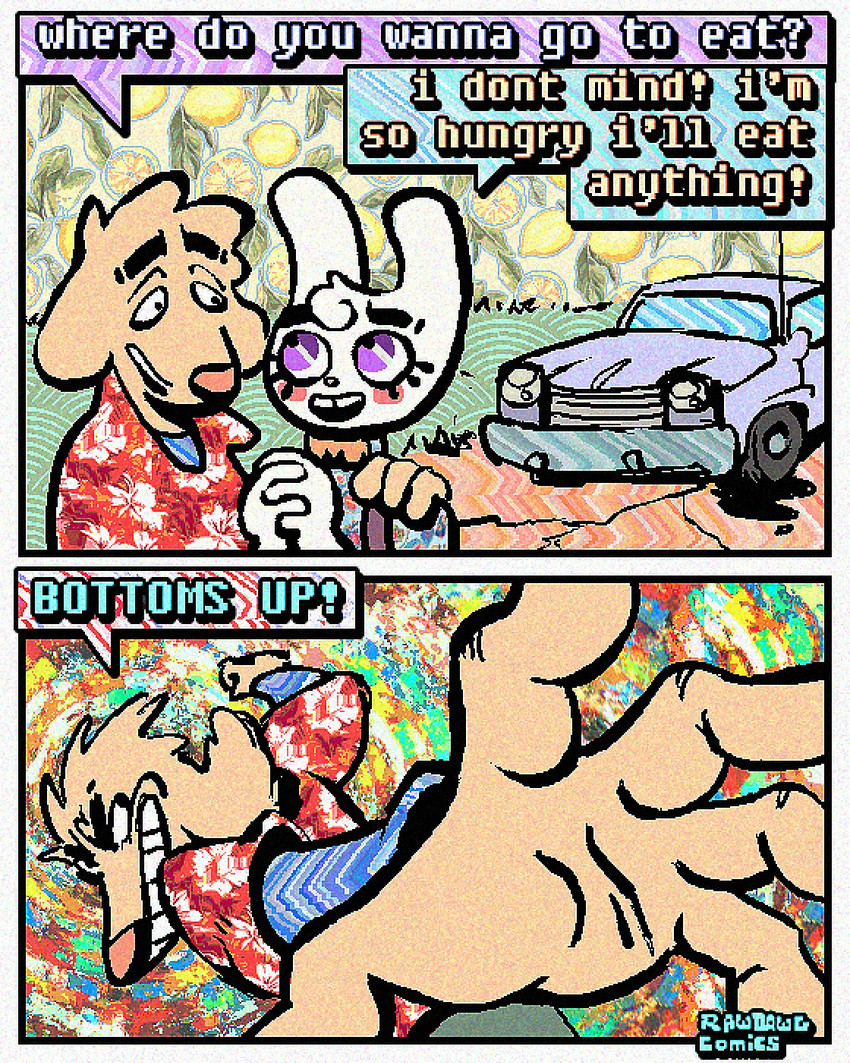 2_panel_comic aloha_shirt anthro bow_tie cheek_spots clothing dialogue duo floppy_ears fur half-closed_eyes humor imminent_punch male narrowed_eyes open_mouth open_smile overalls pattern_clothing pattern_shirt pattern_topwear shirt smile smirk smug smug_face smug_grin speech_bubble teeth text tooth_gap topwear white_body white_fur wide_eyed yellow_body yellow_fur rawdawgcomics bingus_(rawdawgcomics) stahli_(rawdawgcomics) bird_dog canid canine canis domestic_cat domestic_dog felid feline felis golden_retriever hunting_dog lagomorph leporid mammal rabbit retriever 4:5 comic english_text hi_res