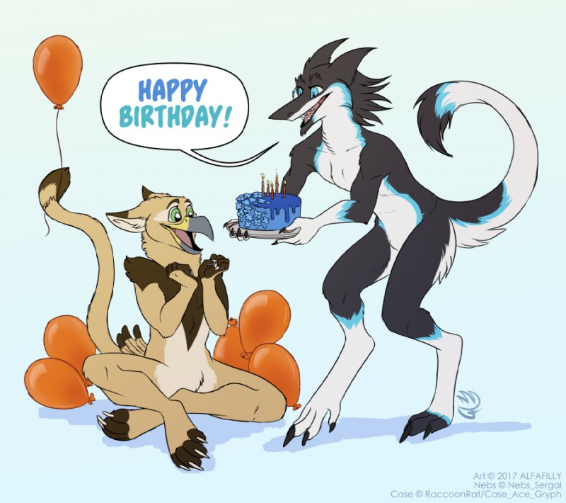 attached_to_balloon balloon birthday birthday_cake blue_background cake candle dessert dialogue duo floral floral_cake food happy happy_birthday holding_cake holding_food holding_object inflatable male simple_background sitting smile speech_bubble standing tail talking_to_another text alfafilly mythology case_ace_gryphon nebs_the_sergal avian gryphon mythological_avian mythological_creature sergal english_text