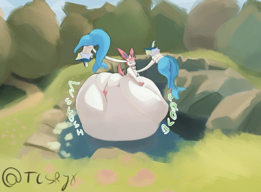 ambiguous_feral ambiguous_gender ambiguous_pred ambiguous_prey anthro belly belly_on_ground belly_squish big_belly big_butt big_tail black_text blorp blue_body blue_frill blue_skin blue_tail bodily_noises boulder bow_(anatomy) butt closed_smile curved_text day detailed_background digestion digestion_noises eyes_closed feral feral_pred feral_prey fin fin_frill fluffy fluffy_tail foot_on_belly frill_(anatomy) fully_inside fur glistening grass green_text group head_crest head_fin head_frill holding_character huge_belly hyper hyper_belly imminent_vore light light_body light_fur lying mass_vore membrane_(anatomy) membranous_frill monotone_belly monotone_body monotone_paws monotone_ribbon monotone_skin monotone_tail mouth_closed multicolored_body multicolored_fur multiple_prey nature nature_background neck_bow_(anatomy) neck_frill on_front onomatopoeia outside pink_body pink_fur pink_tail plant pond prehensile_ribbon quadruped reflection resting_on_belly ribbons_(anatomy) rock rumbling_stomach same_size_vore side_view slosh sloshing_belly smile soft_vore sound_effects squish tail tail_fin tail_frill tapering_tail text thick_tail thick_thighs trio two_tone_body two_tone_fur unseen_prey upside_down vore water water_reflection white_belly white_body white_frill white_fur white_ribbon wide_hips yellow_frill tcsrjx nintendo pokemon canid eeveelution generation_1_pokemon generation_6_pokemon mammal marine pokemon_(species) sylveon vaporeon 2024 artist_name digital_media_(artwork) digital_painting_(artwork) english_description english_text full-length_portrait hi_res lighting portrait shaded soft_shading