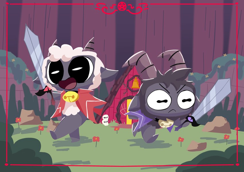 ambiguous_gender anthro bell chibi clothing duo forest forest_background fur grass grey_body grey_fur horn melee_weapon nature nature_background plant sword temple tree weapon white_body realta22 cult_of_the_lamb massive_monster_(studio) goat_(cult_of_the_lamb) lamb_(cult_of_the_lamb) bovid caprine goat humanoid mammal sheep absurd_res hi_res