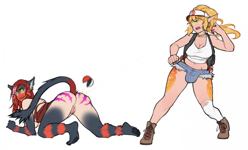 all_fours big_breasts blonde_hair blush bottomwear breasts bulge butt clothing duo female footwear genitals glowing glowing_eyes gynomorph hair hat headgear headwear humanoid_pointy_ears intersex looking_back mid_transformation open_mouth pawpads pointy_ears pokeball pussy rear_view red_hair shirt shoes shorts species_transformation standard_pokeball tank_top topwear torn_clothing transformation transformation_by_pokeball shysiren blizzard_entertainment nintendo pokemon warcraft cavalina hilda_(pokemon) pokemon_trainer sabrith_ebonclaw blood_elf elf generation_7_pokemon humanoid litten pokemon_(species) 2016