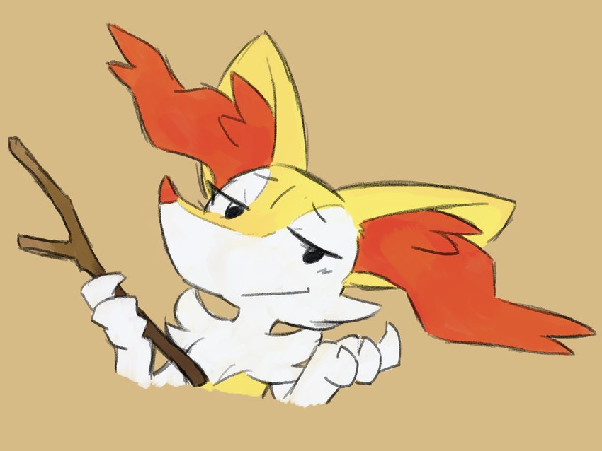 3_fingers ambiguous_gender anthro black_eyes fingers front_view fur gesture holding_object inner_ear_fluff looking_at_viewer shrug simple_background stick text tuft white_body white_fur yellow_body yellow_fur sealer4258 nintendo pokemon braixen generation_6_pokemon pokemon_(species) 2024 digital_media_(artwork) english_text hi_res