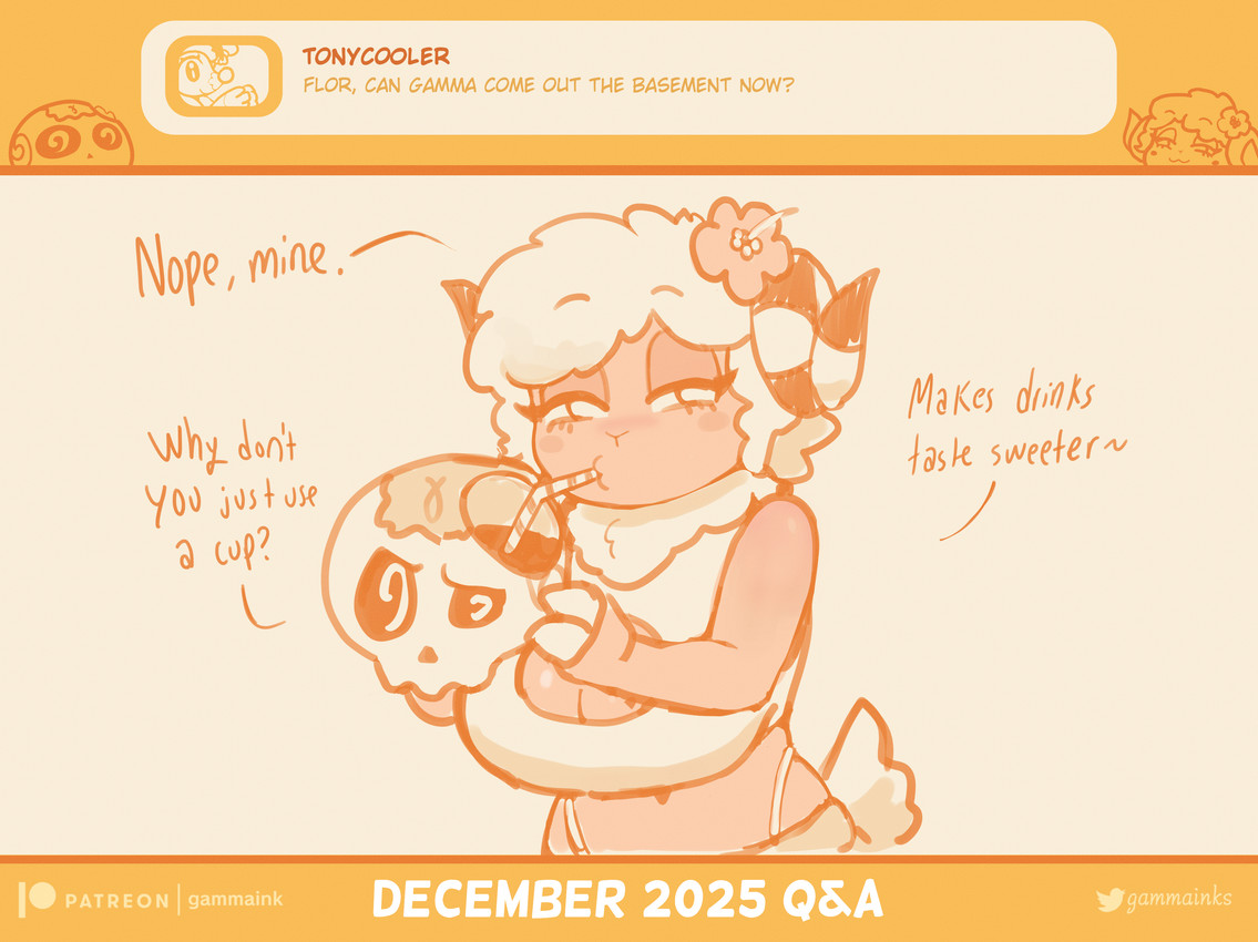 2_horns accessory anthro big_breasts blush blush_stickers bone breasts cleavage_cutout clothing curled_horn cutout dialogue disembodied_head drinking drinking_straw duo eyebrow_through_hair eyebrows eyelashes female fingers flower flower_in_hair hair hair_accessory holding_skull hooved_fingers hooves horn orange_monochrome plant q&a skeleton tail text thong_straps topwear translucent translucent_hair gammainks flor_(gammainks) gamma_(gammainks) animated_skeleton bovid caprine mammal sheep undead 2025 absurd_res artist_name english_text hi_res monochrome