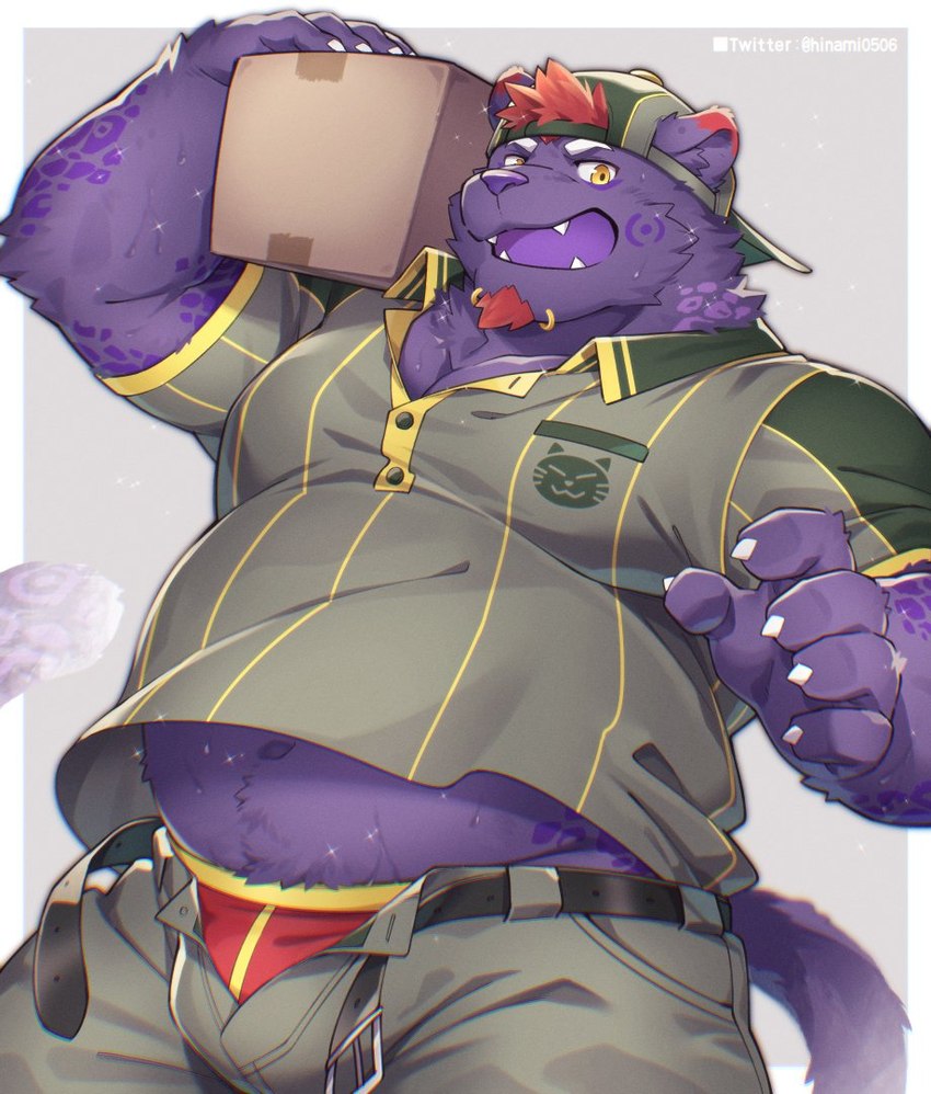 anthro belly bottomwear box bulge clothing container delivery_(commerce) delivery_employee fur hat headgear headwear humanoid_hands kemono male overweight overweight_male pants postal_uniform purple_body purple_fur shirt solo topwear hinami felid mammal pantherine 2023