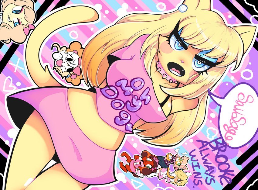 alternate_form alternative_fashion amekaji anthro anthrofied bangs blonde_hair blue_eyes bottomwear breasts chibi clothing collar crop_top curvy_figure dialogue ear_piercing ear_ring female female_anthro fur group gyaru hair hourglass_figure j-fashion kemono miniskirt piercing ring_piercing shirt skirt slim solo_focus speech_bubble spiked_collar spikes tail text text_on_clothing text_on_shirt text_on_topwear topwear y2k_(fashion) yellow_body yellow_fur milkymoonlights hasbro littlest_pet_shop littlest_pet_shop:_popular alicia_hamilton angelina_davis brooklyn_hayes genevieve_ryan lps_339 lps_675 lps_72 lps_765 lps_79 lps_91 rachel_rivera savannah_reed american_shorthair canid canine canis dachshund domestic_cat domestic_dog felid feline felis hunting_dog mammal absurd_res colorful_theme english_text hi_res pastel_theme pink_theme