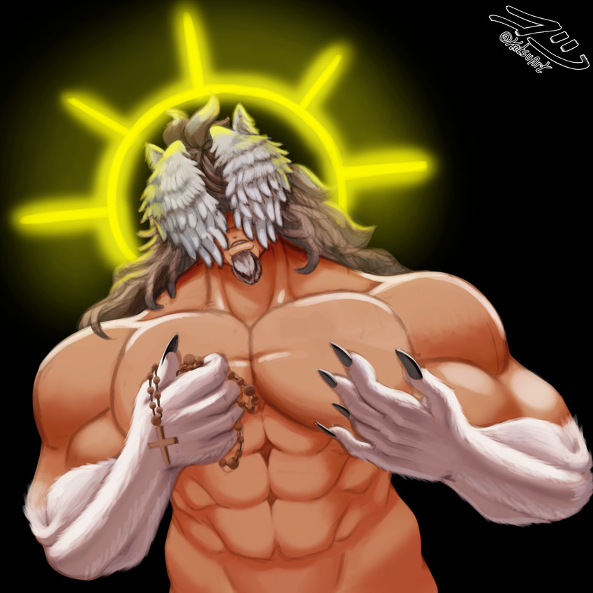 abs barazoku beads black_background brown_hair claws covered_eyes facial_hair feathered_wings feathers fur glowing glowing_halo hair halo holding_object long_hair male muscular muscular_humanoid muscular_male nude prayer_beads rosary simple_background solo tan_body tan_skin traditional_halo white_body white_feathers white_fur wings idlepotoo alexandro angel angel_humanoid animal_humanoid humanoid hybrid mammal mammal_humanoid winged_humanoid 1:1 absurd_res half-length_portrait hi_res portrait signature