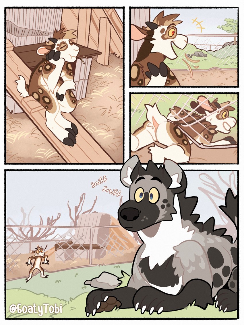 ambiguous_gender anthro butt fence feral intersex intersex/male male nub_tail raised_tail sniffing stuck stuck_in_door tail through_wall goatytobi tobi_(goatytobi) vrek bovid caprine goat hyena mammal spotted_hyena heat_(disambiguation) absurd_res comic hi_res