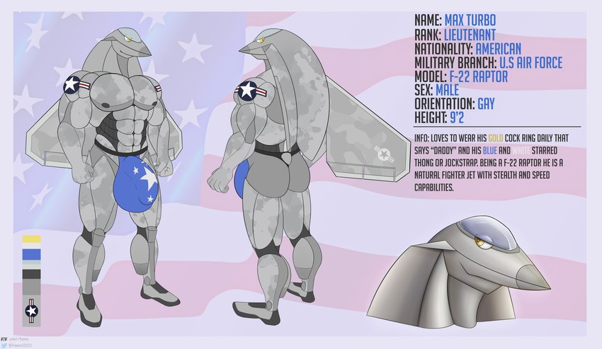 air_force aircraft american_flag anthro big_bulge big_muscles blue_clothing blue_jockstrap blue_underwear bulge camo clothing cockpit color_swatch detailed_bulge fist genital_outline grey_body huge_bulge jockstrap looking_away machine male muscular muscular_male penis_outline smile solo star text underwear united_states_of_america vehicle wings yellow_eyes hano101 u.s._air_force max_turbo_(domizoni) aircraft_humanoid living_aircraft living_machine living_vehicle absurd_res digital_media_(artwork) english_text headshot_portrait hi_res model_sheet portrait