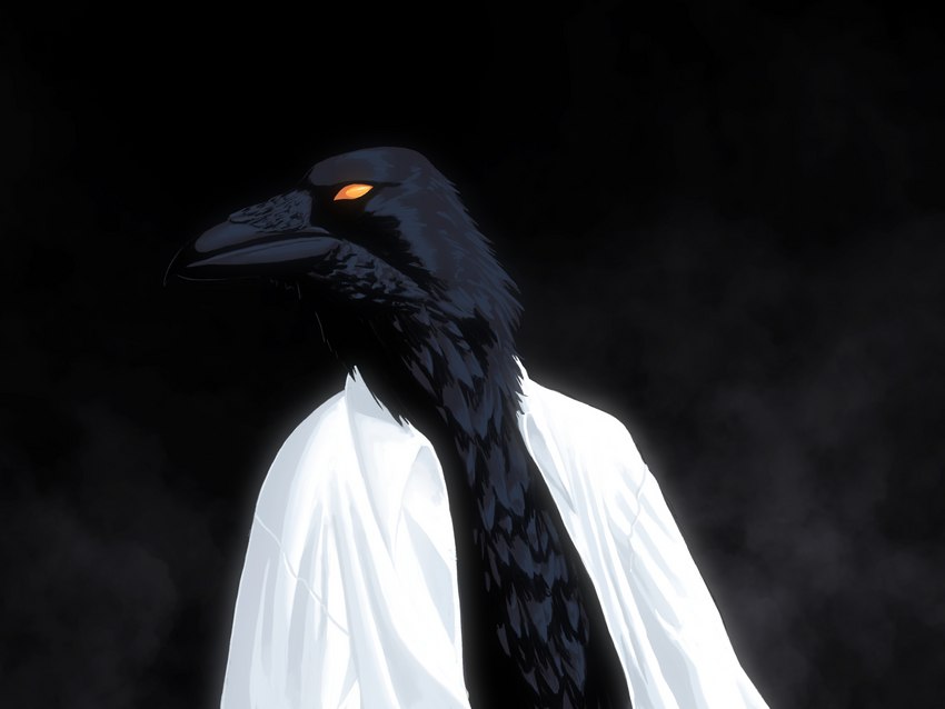 anthro beak black_background black_beak black_body black_feathers clothed clothing dark dark_body detailed_feathers dress_shirt feathers fog glistening glistening_body glistening_eyes male open_clothing open_shirt open_topwear orange_eyes pointy_beak realistic realistic_anatomy realistic_lighting realistic_shading shirt simple_background solo topwear dreamscreep princess_tutu mytho_(princess_tutu) avian bird corvid corvus_(genus) oscine passerine raven 2021 4:3 absurd_res detailed digital_media_(artwork) digital_painting_(artwork) hi_res procreate_(artwork)