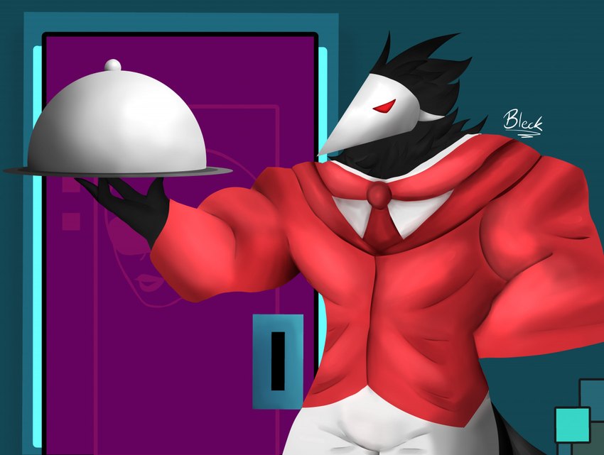 anthro clothing male necktie red_clothing red_eyes red_necktie serving serving_tray solo suit waiter blecksart deltarune undertale_(series) animal_humanoid avian avian_humanoid humanoid swatchling