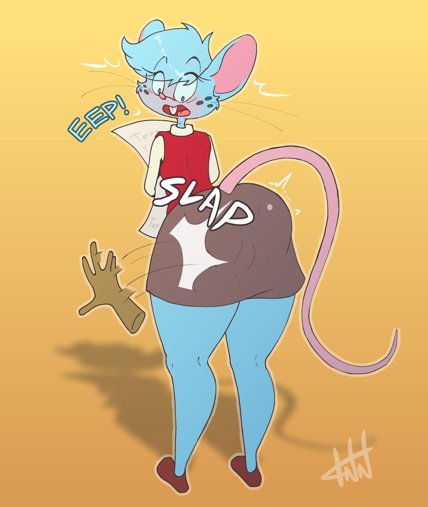 5_fingers alternate_costume anthro big_ears biped black_eyebrows black_whiskers blue_body blue_ears blue_eyes blue_freckles blue_fur blue_hair blue_text blue_tuft blush bottomwear brown_bottomwear brown_clothing brown_footwear brown_shoes brown_skirt buckteeth butt butt_slap clothed clothed_anthro clothed_female clothing disembodied_hand emanata exclamation_point eye_through_hair eyebrow_through_hair eyebrows eyelashes eyelashes_through_hair female female_anthro fingers flash_emanata footwear freckled_face freckles fur glistening glistening_hair hair interjection long_tail looking_back menu motion_blur motion_lines mouse_ears mouse_tail onomatopoeia open_mouth outline pencil_skirt pink_blush pink_inner_ear pink_nose pink_tail pink_tongue rear_view red_clothing red_mouth red_topwear red_vest sexual_harassment shadow shirt shoes simple_background skirt slap slap_(sound_effect) solo sound_effects spanking standing tail teeth text tongue topwear translucent translucent_hair tuft uniform vest waiter whiskers white_clothing white_emanata white_shirt white_text white_topwear wide_eyed yellow_background tenides mia_mouse mammal mouse murid murine rodent 2023 absurd_res colored digital_drawing_(artwork) digital_media_(artwork) full-length_portrait hi_res portrait signature