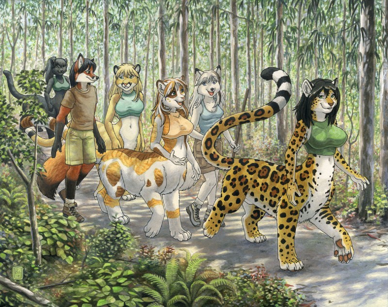 animal_genitalia anthro black_hair blue_eyes bottomless bottomwear breasts brown_eyes cleavage clothed clothing detailed_background dipstick_tail female footwear forest fully_sheathed genitals green_eyes group gynomorph hair intersex leopard_spots male markings melanistic mottled nature navel outside piebald plant sheath shoes shorts skimpy spots tail tail_markings tree walking wood kacey chakona_space forestwalker goldfur kris_fletcher midnight_(goldfur) quickpaw trina_snowfox arctic_fox calico_cat canid canine cat_taur chakat cougar domestic_cat felid felid_taur feline feline_taur felis fox leopard leopard_taur mammal mammal_taur pantherine pantherine_taur red_fox taur true_fox 2010 herm_(lore)