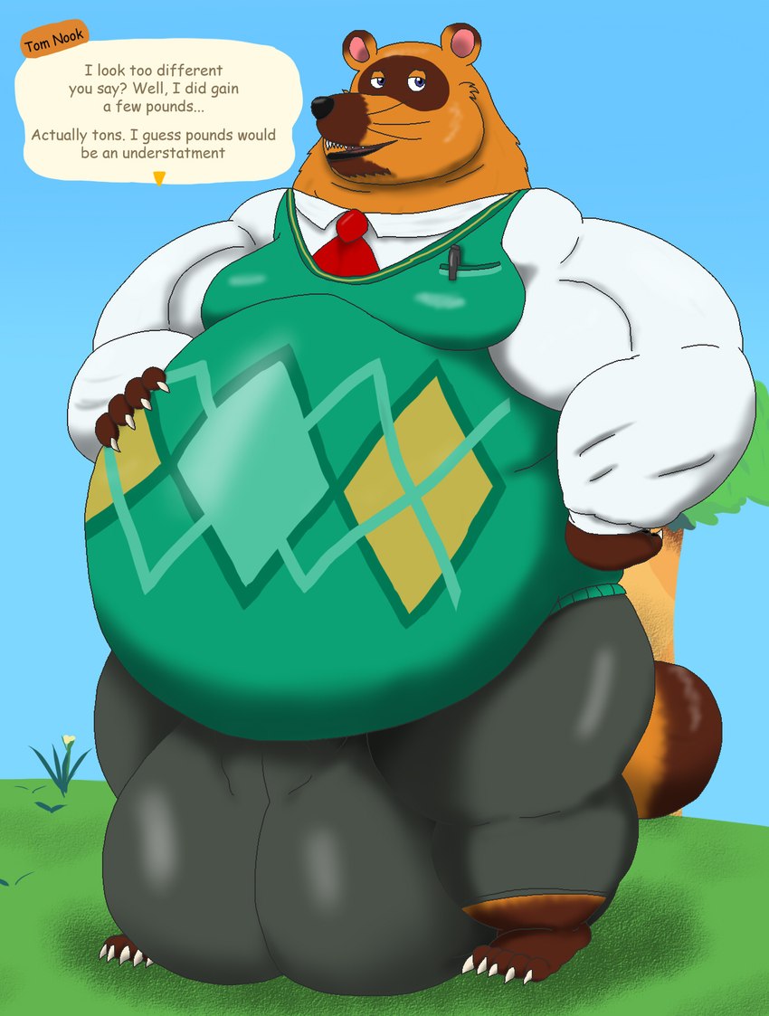 anthro belly big_belly big_bulge bottomwear bulge clothing detailed_bulge genital_outline huge_belly huge_bulge hyper hyper_bulge male musclegut muscular muscular_male necktie pants pattern_clothing pattern_shirt pattern_topwear penis_outline shirt solo sweater sweater_vest text topwear vest alythewolfcat animal_crossing nintendo tom_nook_(animal_crossing) canid canine mammal raccoon_dog tanuki english_text hi_res