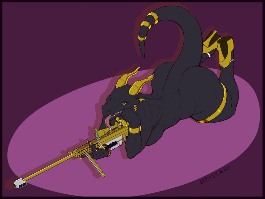 accessory all_fours anthro barrett_m82 bent_legs big_butt bipod black_body black_scales breasts butt calves_up clothing female footwear furgonomics gold_(metal) gold_jewelry gold_necklace gun high-angle_view high_heels horn jewelry legband licking licking_gun licking_scope looking_at_viewer lying necklace nude on_front open_mouth platform_footwear platform_heels pumps raised_calf raised_tail ranged_weapon rifle scales scope shoes side_boob simple_background sniper_rifle snout solo tail tail_accessory tail_jewelry teeth thick_tail thick_thighs thighband tongue tongue_out weapon wide_hips wrist_jewelry yellow_eyes yellow_horn greasymojo mythology ghenna_(gehennalis) dragon mythological_creature mythological_scalie scalie 2018 4:3 pillarbox signature