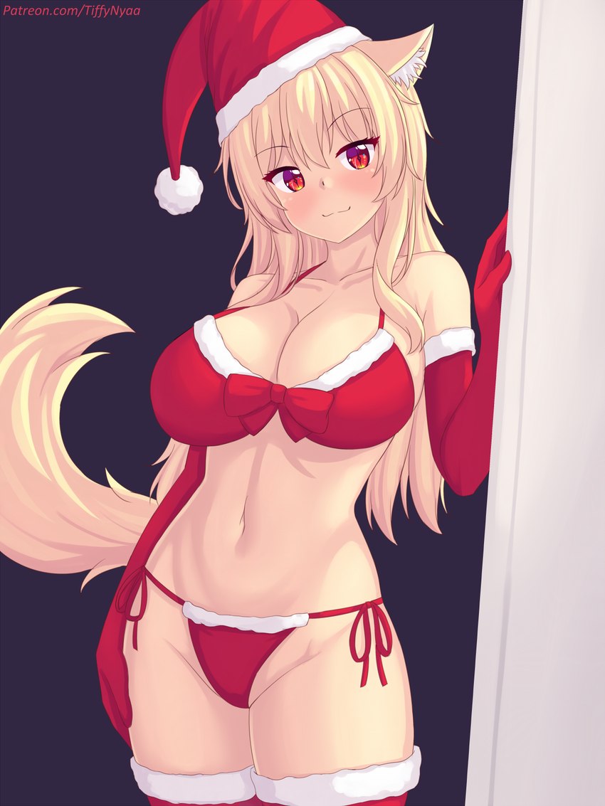 armwear big_breasts bikini blonde_hair blush breasts christmas_clothing christmas_headwear clothing elbow_gloves female gloves hair handwear hat headgear headwear holidays legwear navel pupils red_eyes santa_hat slit_pupils solo swimwear thigh_highs two-piece_swimsuit fastrunner2024 christmas tiffy_(fastrunner2024) animal_humanoid cat_humanoid felid felid_humanoid feline feline_humanoid humanoid mammal mammal_humanoid 2024 hi_res