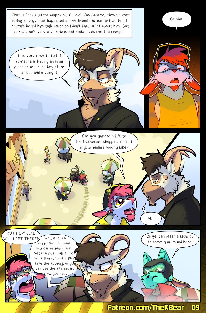 anthro base_three_layout blockage_(layout) dialogue facial_hair five_frame_image goatee hair horizontal_blockage male male_anthro red_hair size_difference text three_row_layout thekinkybear eddy_hare gabe_goat johnny_bunny lagomorph leporid mammal rabbit absurd_res comic english_text hi_res