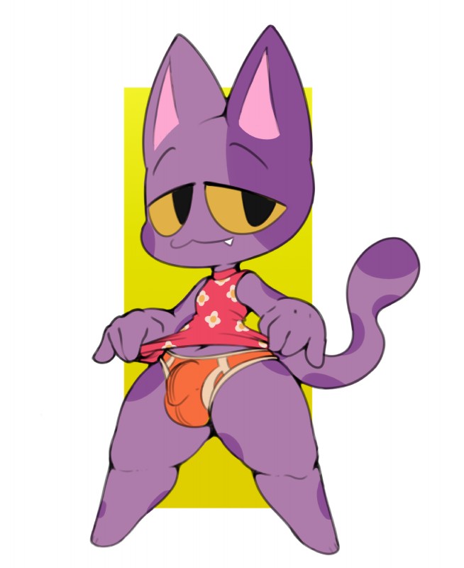 anthro bulge clothed clothing clothing_lift cute_fangs fangs fur male purple_body purple_fur shirt shirt_lift simple_background solo teapot_(body_type) teeth thick_thighs toony topwear underwear wide_hips yellow_eyes ciavs animal_crossing nintendo bob_(animal_crossing) domestic_cat felid feline felis mammal 2019 digital_media_(artwork) full-length_portrait hi_res portrait