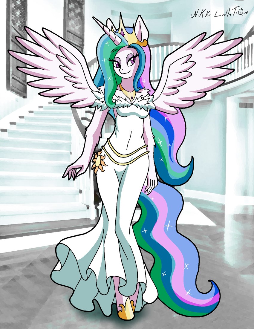 anthro blue_hair clothing crown dress feathered_wings feathers female female_anthro fur green_hair hair headgear hooves horn jewelry long_hair multicolored_hair necklace pink_hair solo stairs standing white_body white_clothing white_fur wings nikku_lunatique friendship_is_magic hasbro my_little_pony mythology princess_celestia_(mlp) equid equine horse mammal mythological_creature mythological_equine pony unicorn winged_unicorn hi_res