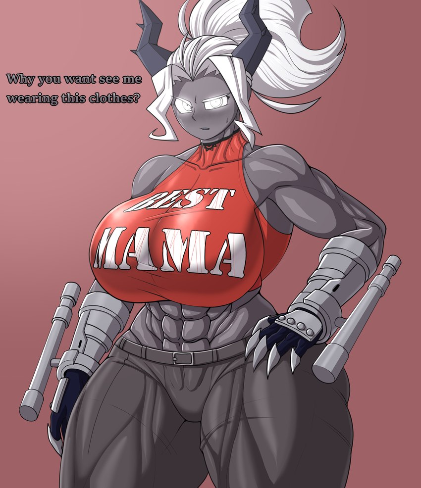 abs armor big_breasts blush bottomwear breasts clawed_gauntlets clothing club_(weapon) eyelashes female gauntlets_(weapon) glowing glowing_eyes grey_body grey_bottomwear grey_clothing grey_horn grey_pants grey_skin hair hand_on_hip horn huge_breasts looking_at_viewer melee_weapon muscular muscular_female navel nightstick open_mouth pants pink_background red_clothing red_topwear simple_background solo talking_to_viewer text text_on_clothing text_on_topwear thick_thighs topwear vambrace weapon white_eyes white_hair wide_hips da_ra_ra_ra helltaker judgement_(helltaker) demon demon_humanoid horned_humanoid humanoid absurd_res english_text hi_res