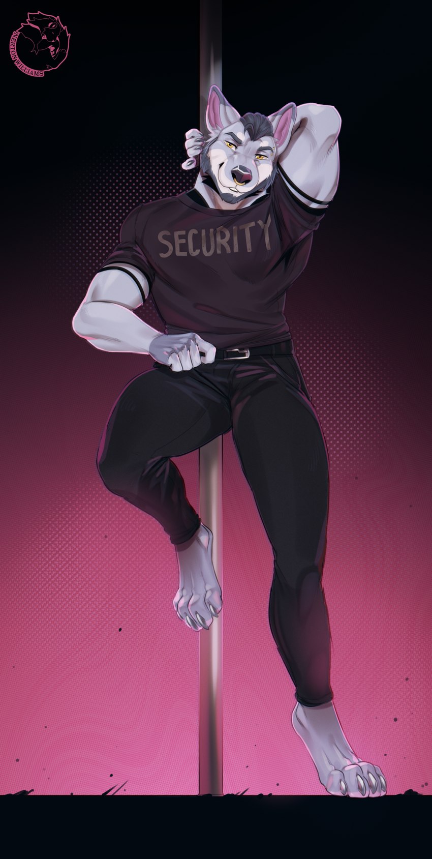 anthro clothed clothing digitigrade facial_piercing hand_behind_head looking_at_viewer male muscular nose_piercing nose_ring on_one_leg piercing pole ring_piercing security security_guard smile solo standing nerton canid canine canis mammal wolf absurd_res hi_res