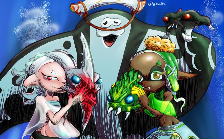 anthro blue_eyes breasts clothed clothing fangs female green_hair group hair lego_brick looking_at_viewer male markings mask open_mouth pseudo_hair sharp_teeth simple_background smile smiling_at_viewer speckled_body spikes teeth tentacle_hair tentacles trio white_hair al-xks bionicle lego nintendo splatoon big_man_(splatoon) deep_cut_(splatoon) ehlek frye_(splatoon) mantax pridak shiver_(splatoon) animal_humanoid barraki cephalopod cephalopod_humanoid eel fish fish_humanoid humanoid manta_ray marine marine_humanoid mollusk mollusk_humanoid ray_(fish) shark stingray 2022 crossover digital_drawing_(artwork) digital_media_(artwork)