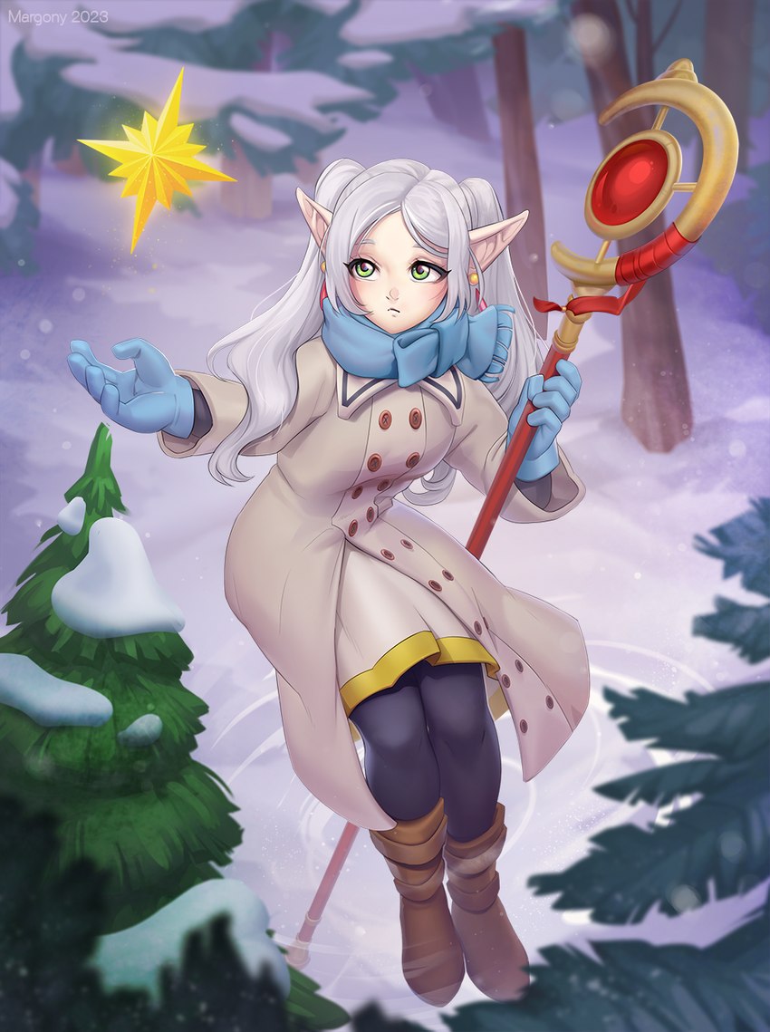 clothed clothing evergreen_tree eyelashes female footwear gloves grey_hair hair handwear holding_object holding_staff humanoid_pointy_ears not_furry pine_tree plant pointy_ears pupils shoes snow solo staff tree margony frieren_beyond_journey's_end frieren elf humanoid 2023 hi_res