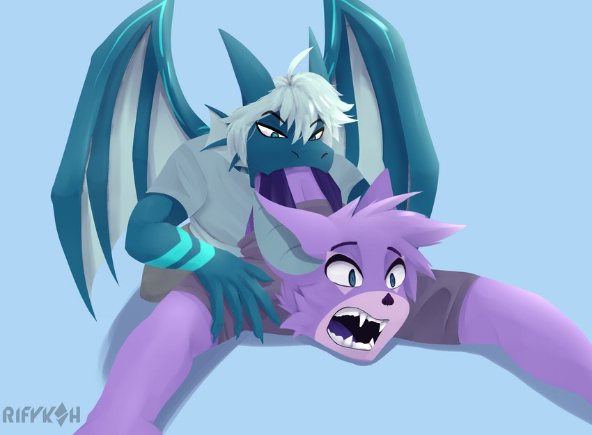 anthro anthro_pred blue_background blue_body blue_eyes blue_skin clothed clothing duo fur hair male open_mouth partially_inside purple_body purple_fur simple_background swallowing teeth vore wings rifykoh mythology bat dragon mammal mythological_creature mythological_scalie scalie 2023 digital_drawing_(artwork) digital_media_(artwork) hi_res