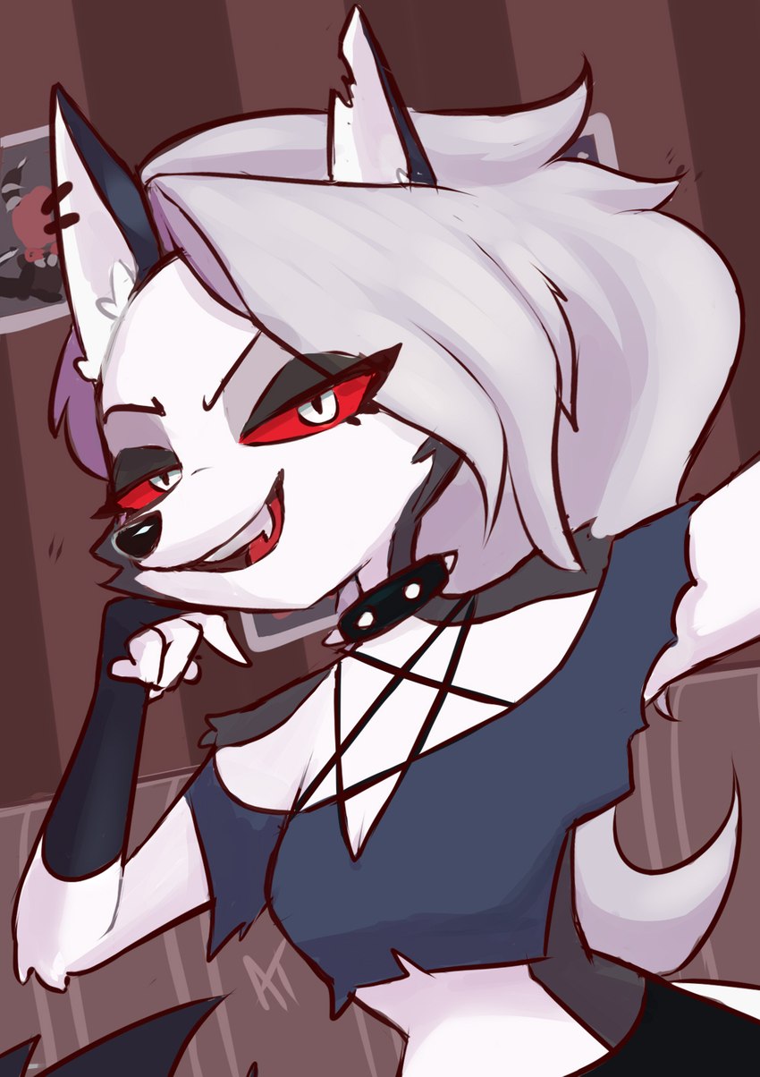 anthro clothing crop_top ear_piercing ear_ring female fur hair half-closed_eyes long_hair midriff narrowed_eyes open_mouth piercing ring_piercing shirt teeth topwear white_body white_fur white_hair alex-toons helluva_boss mythology loona_(helluva_boss) canid canid_demon canine demon hellhound mammal mythological_canine mythological_creature 2021 hi_res signature