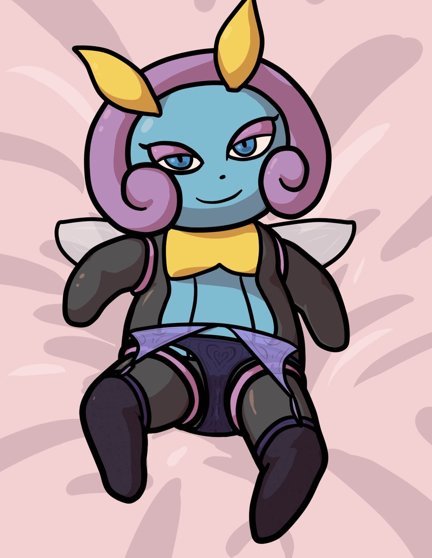 antennae_(anatomy) bed bed_sheet bedding bedroom_eyes blue_eyes clothed clothing female front_view furniture garter_belt_leggings garter_straps insect_wings lingerie looking_at_viewer lying narrowed_eyes panties seductive simple_background smile solo spread_legs spreading topless underwear wings naughtysableye nintendo pokemon arthropod generation_3_pokemon illumise insect pokemon_(species) hi_res