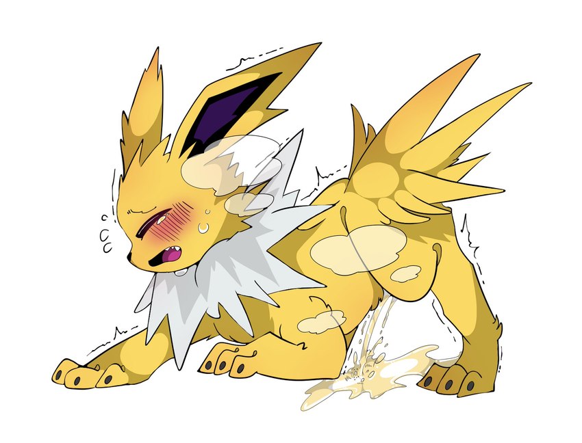 blush bodily_fluids crying feral genital_fluids male male_peeing omorashi peeing shaking solo steam tears trembling urine urine_stream amaoto nintendo pokemon eeveelution generation_1_pokemon jolteon pokemon_(species) hi_res