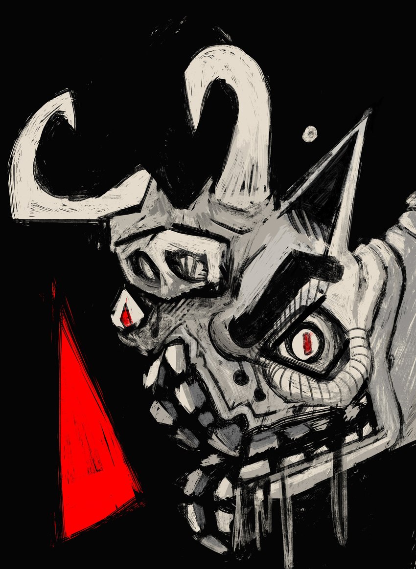 2_horns ambiguous_form ambiguous_gender black_background bodily_fluids drooling eyebrows horn looking_at_viewer open_mouth pointy_ears prick_ears red_eyes saliva simple_background snout solo teeth three-quarter_view schmrgl bovid bovine mammal 2024 absurd_res digital_media_(artwork) digital_painting_(artwork) headshot_portrait hi_res painting_(artwork) portrait restricted_palette