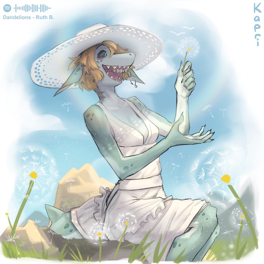 breasts dandelion ear_piercing female fish_hook fish_hook_piercing flower grass hook landscape non-mammal_breasts piercing plant shark_tail sitting spotify_logo text kapri spotify nama_(kapri) fish hybrid marine shark 1:1 absurd_res hi_res