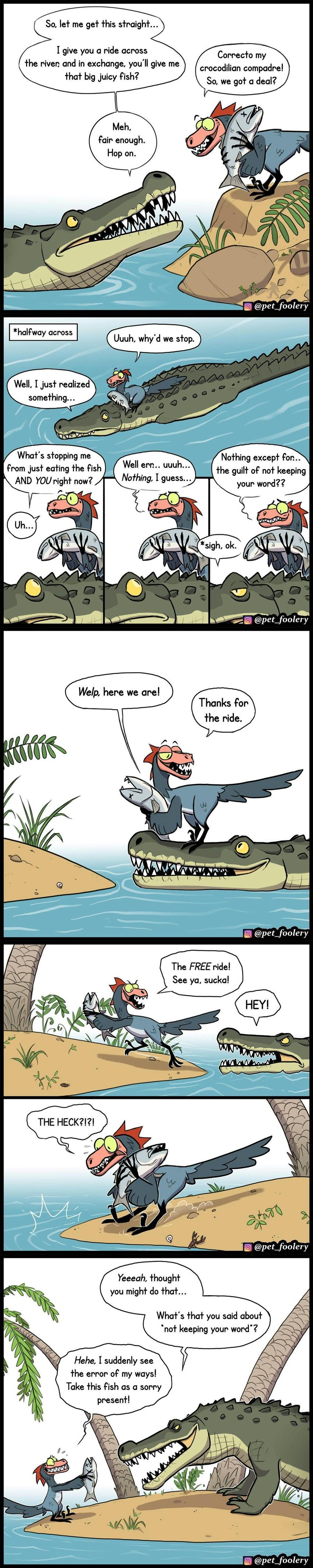 ambiguous_gender dialogue feathers feral palm_tree plant sharp_teeth size_difference teeth text tree water pet_foolery twig_the_velociraptor crocodilian dinosaur dromaeosaurid fish marine prehistoric_species reptile scalie theropod velociraptor absurd_res comic english_text hi_res long_image tall_image