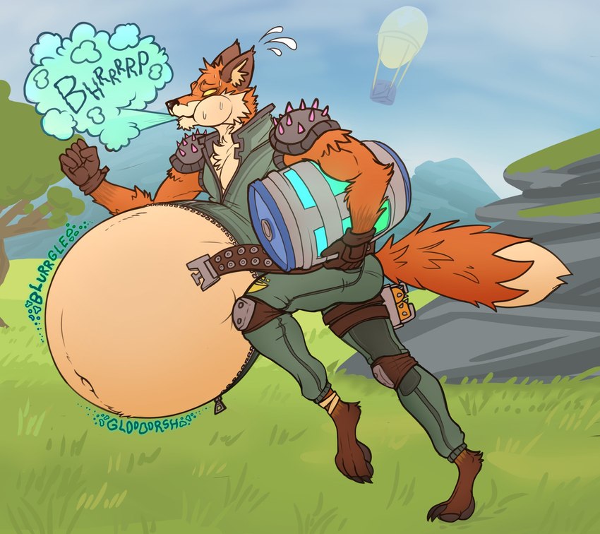 action_pose aircraft anthro balloon barefoot belly belly_expansion belly_inflation belt big_belly bloated bodily_fluids broken_zipper burp_cloud burping cheek_bulge chest_tuft chug_jug chug_jug_expansion expansion feet fluffy fluffy_tail fur holding_jug hot_air_balloon inflatable inflation male muscular muscular_anthro muscular_male navel no_pupils onomatopoeia open_belt open_jumpsuit orange_body orange_eyes orange_fur outside pose rumbling_stomach running shoulder_pads sloshing_belly solo sound_effects spiked_shoulder_pads spikes sweat sweatdrop tail text tuft vehicle zipper eggo21 epic_games fortnite fennix_(fortnite) canid canine fox mammal red_fox true_fox 2023 hi_res