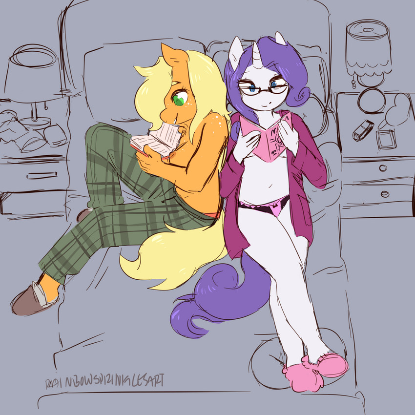 anthro anthrofied bed book bottomwear casual_exposure clothed clothing duo eyewear female footwear furniture glasses horn on_bed panties pants reading shoes slippers topless underwear rainbowsprinklesart friendship_is_magic hasbro my_little_pony mythology applejack_(mlp) rarity_(mlp) equid equine horse mammal mythological_creature mythological_equine pony unicorn 1:1 2020 absurd_res hi_res