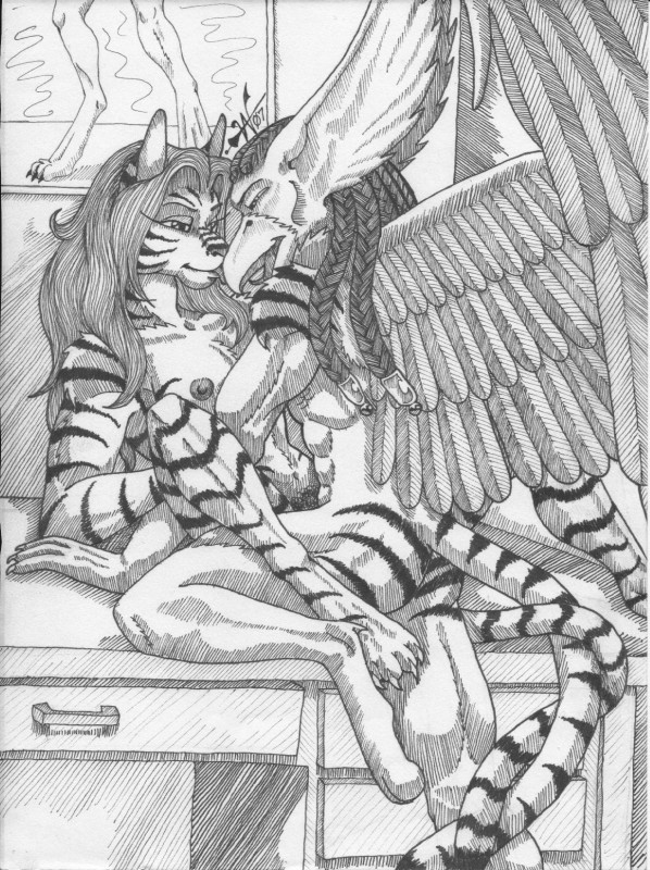 anthro beak breasts duo eye_contact feathered_wings feathers female fur furniture interspecies looking_at_another male male/female nipples nude sex spread_legs spreading table tail wings purplegriffin mythology avian felid gryphon mammal mythological_avian mythological_creature pantherine tiger greyscale hi_res monochrome