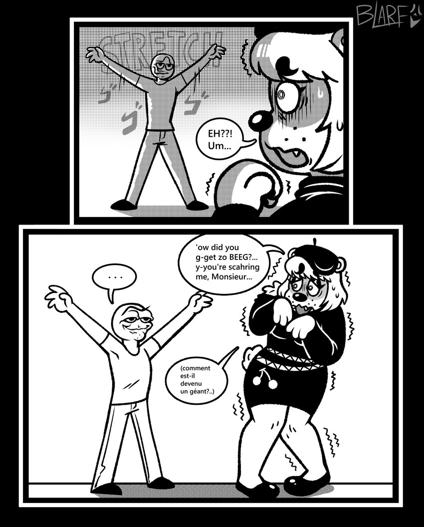 accent anthro dialogue female french_accent humor male scared shaking text blarf022 sherry_bear_(blarf022) bear mammal 2023 absurd_res black_and_white comic english_text french_text hi_res monochrome