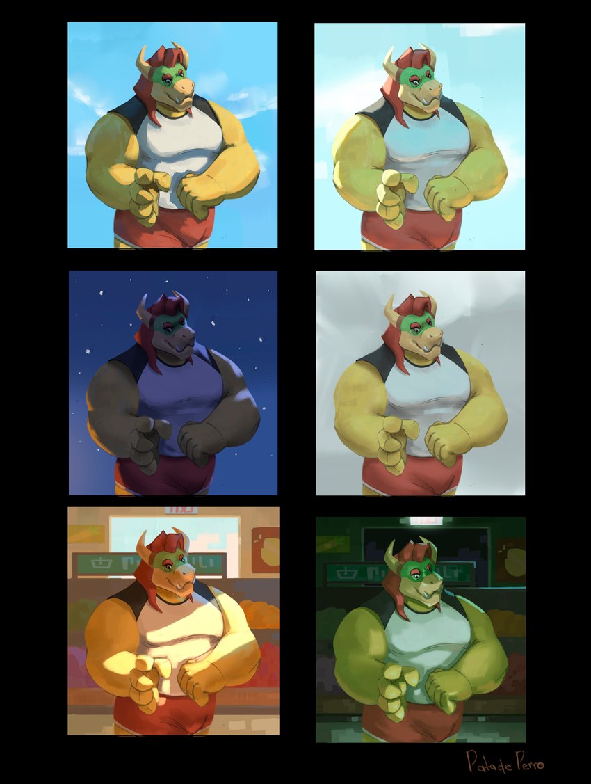 anthro athletic_wear belly biceps big_pecs bottomwear bulge clothing cloud cloudy_sky eyebrows fangs grocery_store hair horn male market muscular night pecs seductive shorts sky skyscape smile solo standing sunny teeth patadeperro mario_bros nintendo bowser koopa scalie hi_res