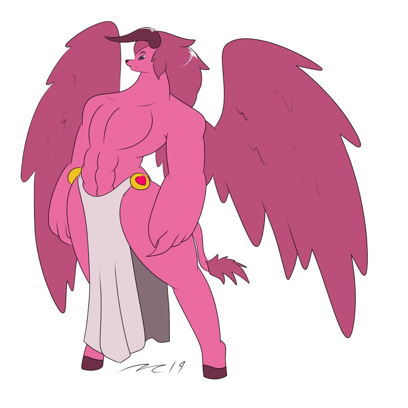 abs big_claws big_hands bottomwear claws clothing eyebrows feathered_wings feathers fur hair heart_symbol hooves horn loincloth long_hair male mane muscular muscular_male pecs pink_body pink_eyebrows pink_feathers pink_fur pink_mane small_head solo tail tail_tuft tuft white_bottomwear white_clothing white_loincloth wings mac-daddy cupid angel avian bird bovid bovine cherub cherubim felid hybrid lion mammal pantherine 1:1 absurd_res hi_res